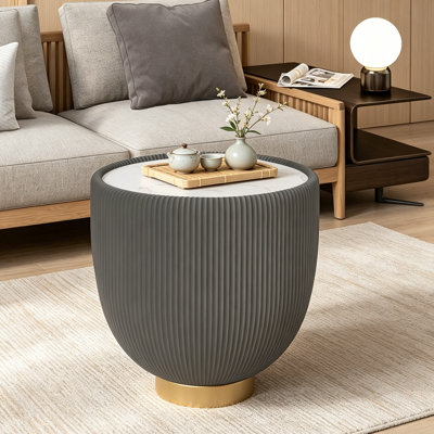 Modern Round Marble Pattern Tabletop Leather Edge Sofa End Table With Metal Base, Luxurious And Elegant For Home Decor Only one piece, a small grey item