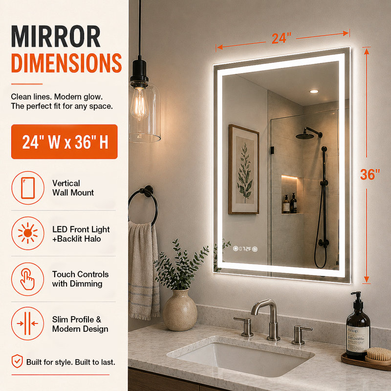 Currin 24 in. W x 36 in. H Rectangular Frameless LED Wall Bathroom Vanity Mirror, 36" x 24"