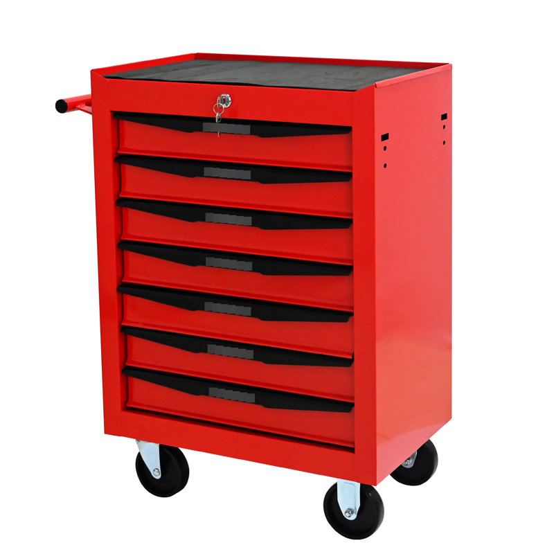 Chariot à outils à 7 tiroirs, acier laminé à froid rouge et noir, glissières à roulement, charge de 15 kg, armoire à 4 tiroirs pivotants de 20 po avec tiroirs, glissières à ouverture douce, roues universelles verrouillables, caractéristique clé