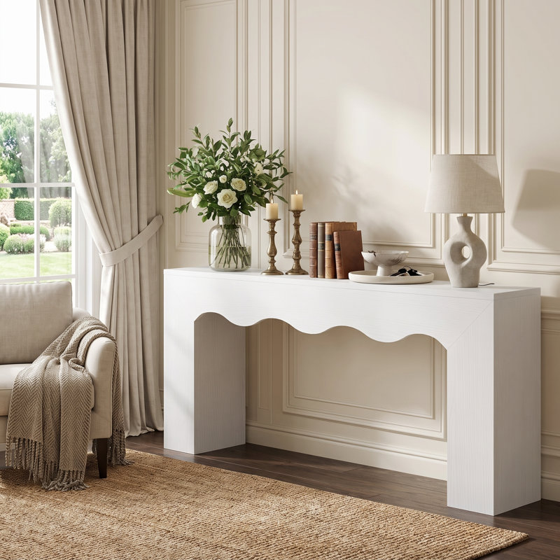 Console blanche de 160 cm avec rebord ondulé, table d'entrée et table basse en bois