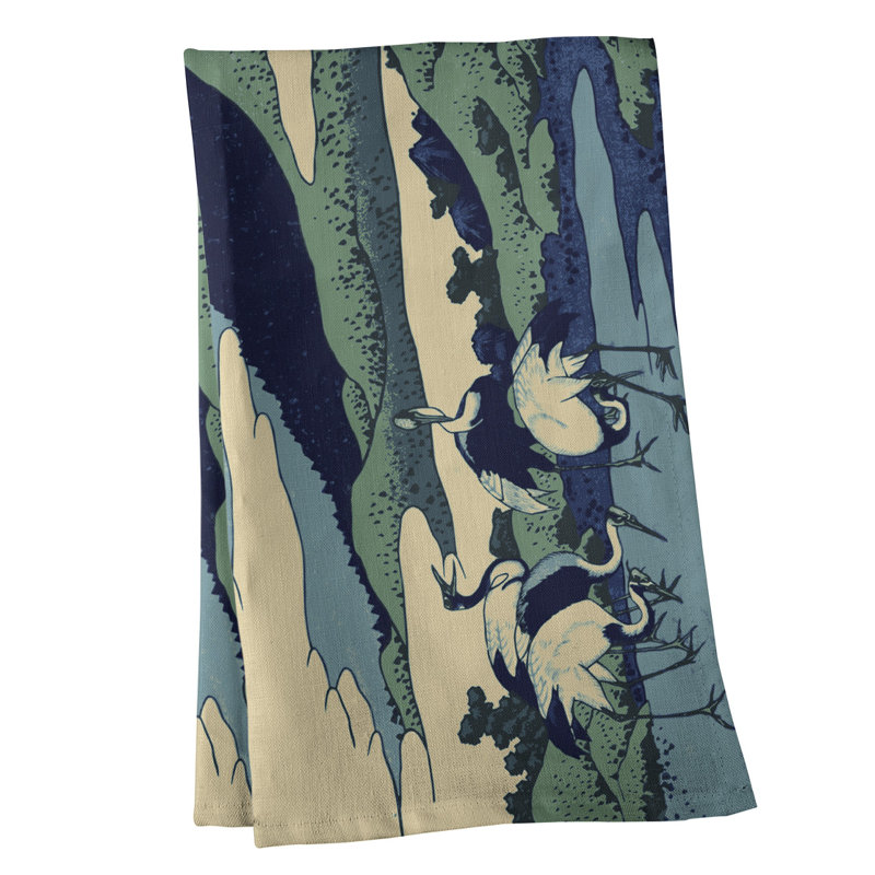 Serviette de thé japonaise grues, Bleu foncé, Sergé de coton