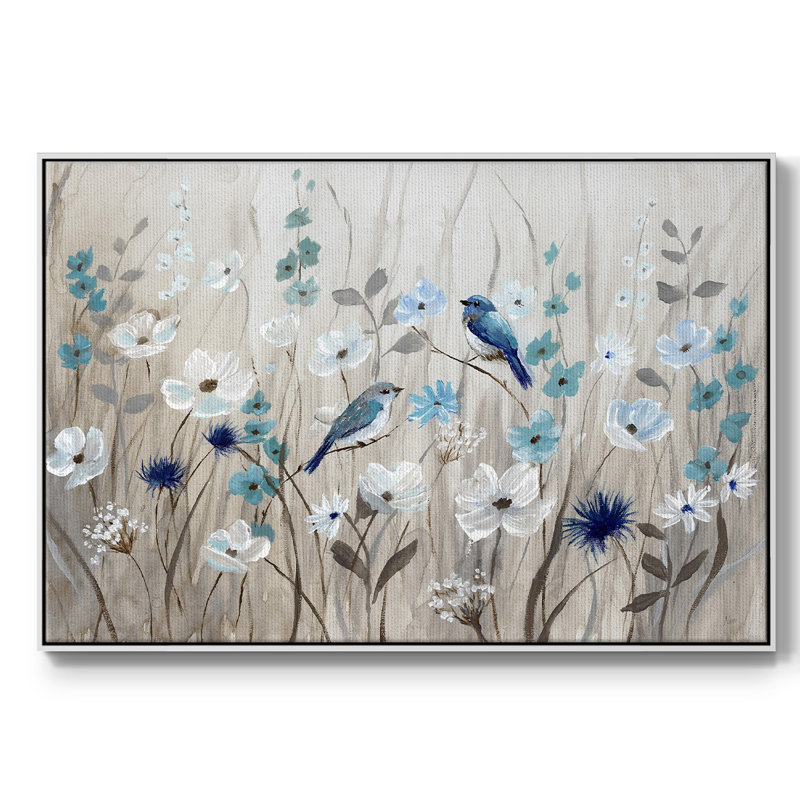 «Bluebirds in Spring», reproduction sur toile flottante, H 27 po x l 41 po x P 2 po, Blanc
