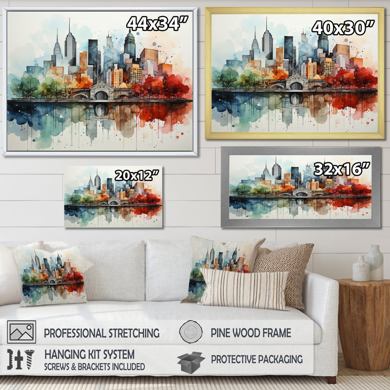 Colourful Nyc Cityscape Watercolor I - New York City Canvas Prints, H 34 po x l 44 po x P 1,5 po, Cadre flottant noir