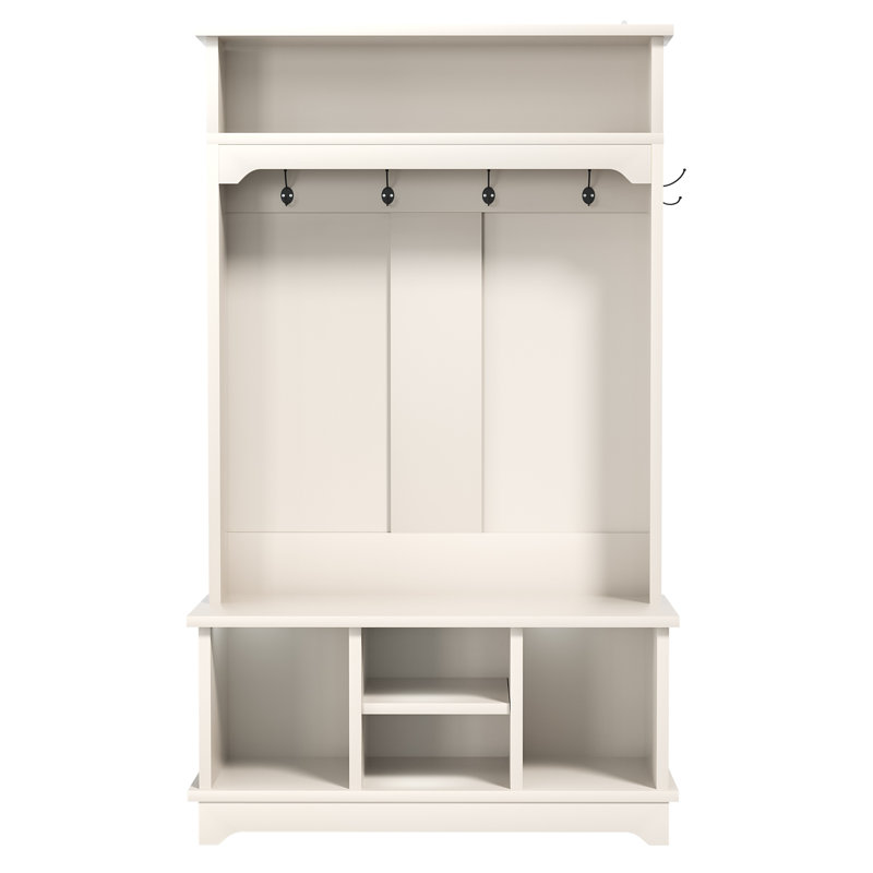 Porte-manteau d'entrée OMCHOM 180 cm avec banc et rangement à chaussures, en bois, avec banc 6 en 1 pour vestiaire, rangement et 5 crochets, compartiment de rangement supérieur, 4 casiers à chaussures et tablette réglable.