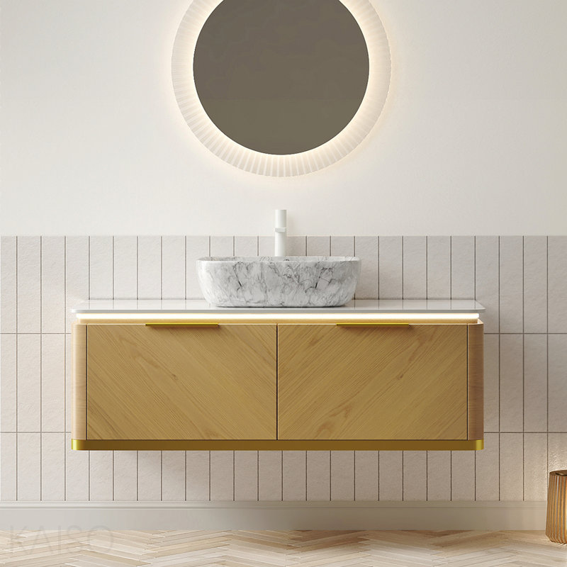Meuble-lavabo 48 po, meuble de rangement flottant en contreplaqué, tiroirs avec poignée et capteur de lumière, vasque en céramique à motif marbré et plateau en pierre frittée, pré-assemblé, couleur grain de bois de chêne Corolla