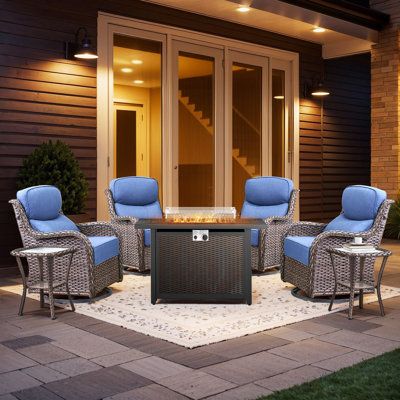 Wickes 7-Piece All-Weather Wicker Patio Conversation Set With Rectangle Metal Fire Pit Table, 4 Outdoor Swivel Gliders And Side Table
