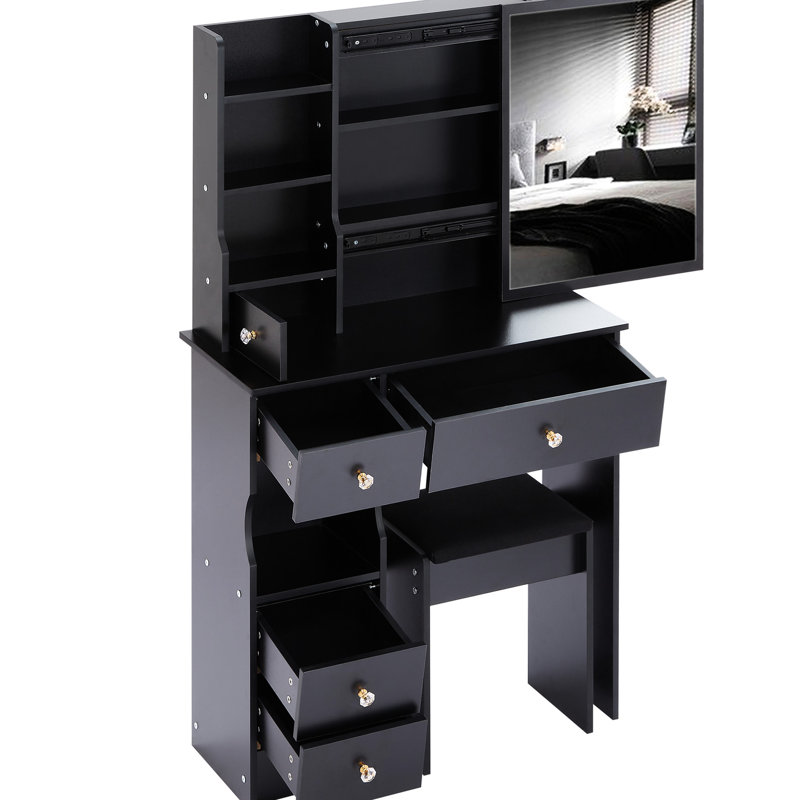 American Style 50.4" High Vanity Table With Left Drawer, Right Sliding Mirror, And Cushioned Stool, Black For Small Spaces, Multi - Layer Storage