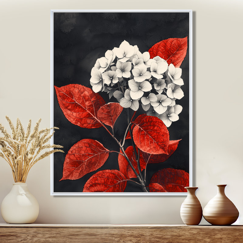 Hortensias monochromes avec feuilles rouges II - hydrangées grand art mural, H 44 po x l 34 po, Blanc