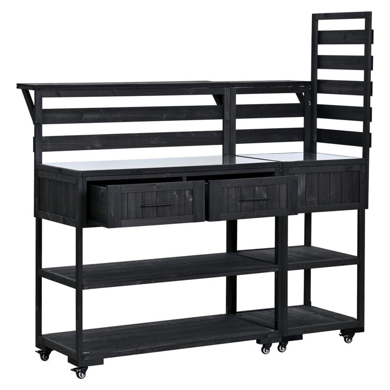 Îlot de cuisine pour patio, banc de jardin avec tablette surélevée et tiroirs, Noir