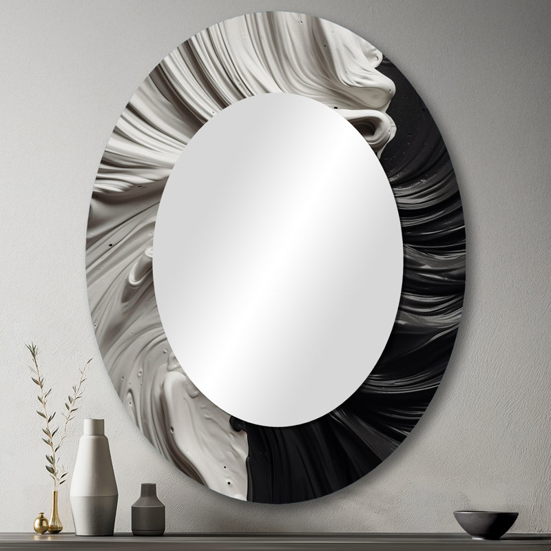 Phillisa noir blanc marbré Dreamscape I - miroir géométrique, miroir mural noir unique, impression d'art en métal, Ovale