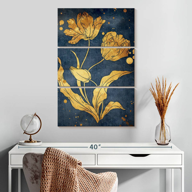 Floral bleu doré maté, H 32 po x l 20 po