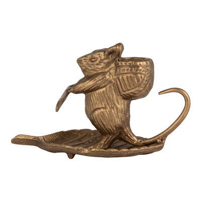 Mouse-on-Leaf Cast Metal Taper Holder Antique