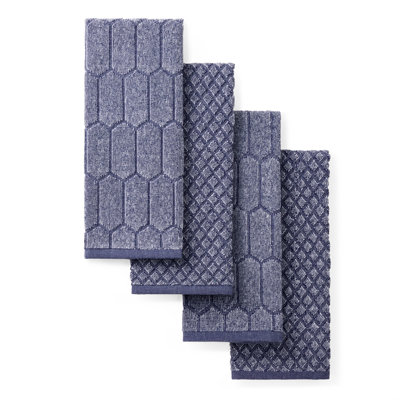 Martha Stewart Honeycomb Chambray Textured Kitchen Towel 4-pack Set Natural 16"x28" In Navy Blue