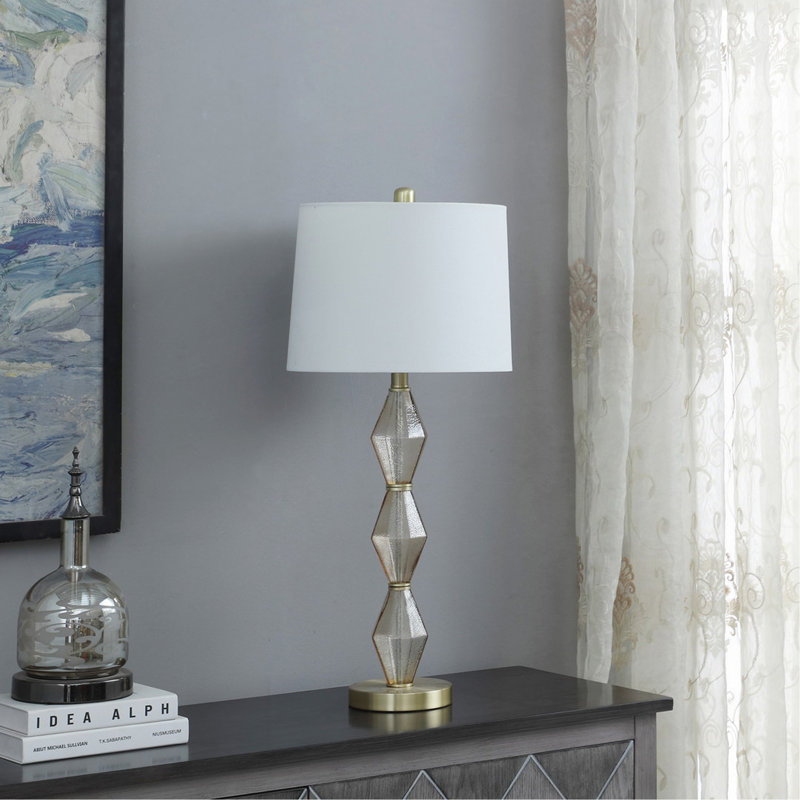 Emil Moderne Geometric Light Amber Textured Glass Table Lamp, Brushed Gold