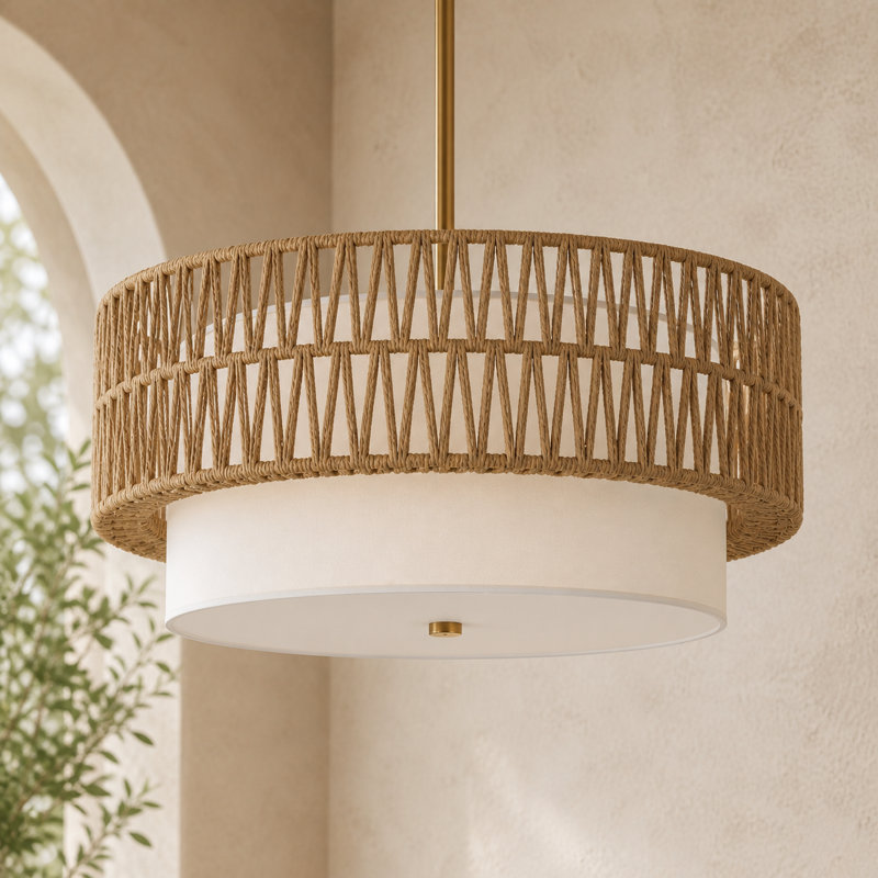 Lustres 19,7 po en rotin de style campagnard pour salle à manger, luminaires bohémiens à 3 lumières avec abat-jour cylindrique en lustre en tissu pour le couloir de la salle à manger de la salle à manger