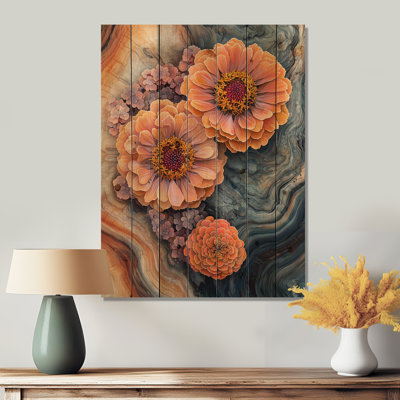 Zinnias Garden On Wood Slide II - Zinnias Wood Wall Decor - On Natural Pine Wood