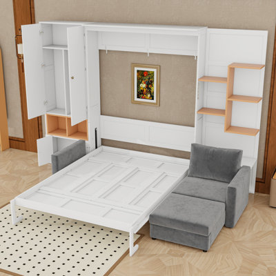 Lit escamotable avec canapé, tablettes de rangement, double éclairage et armoires
