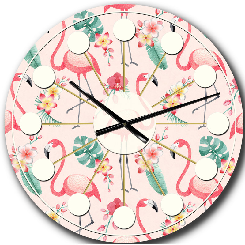Horloge murale style tropical Mid-Century Tropical Botanicals, Flowers and Flamingo II, Surdimensionné