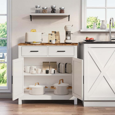Modern Farmhouse Kitchen Storage Cabinet with 2 Drawers and 2 Doors, Versatile Sideboard for Living and Dining Rooms, White