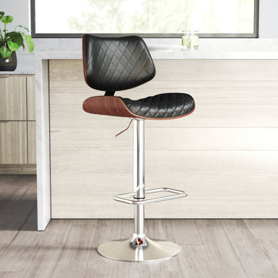 Attie Swivel Adjustable Height Armless Bar Stool with Pedestal Base in Faux Leather and Metal