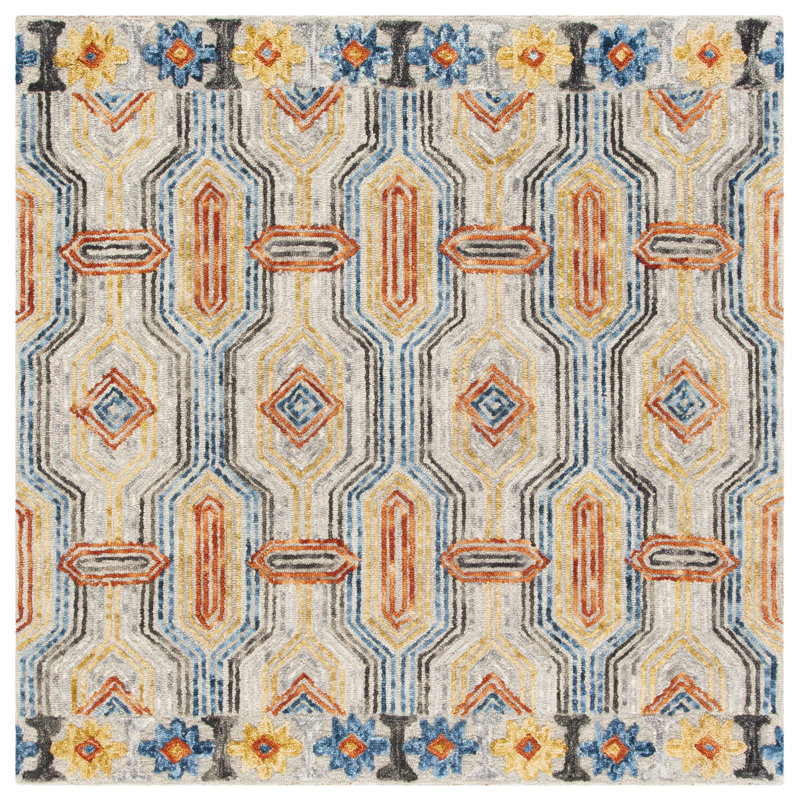 Rubalcava Hand Tufted Wool And Cotton Geometric Rug, Square 8'