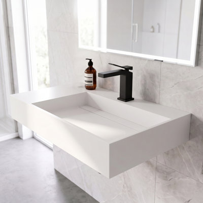 Juniper 30" Wall Mounted Solid Surface Floating Bathroom Sink with Concealed Drain Right Basin - White
