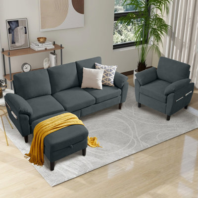 3-Piece Living Room Sectional Sofa Set with Chair and Ottoman by Ebern Designs