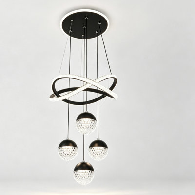 Luminaire suspendu moderne à anneaux entrelacés DEL de luxe moderne, 4 globes de cristal avec 3 couleurs changeantes, hauteur réglable pour la salle à manger de la cuisine