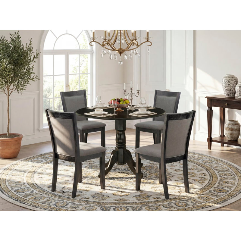 L'ensemble de mobilier de salle à manger 5 pièces comprend une table de salle à manger ronde avec Dropleaf et 4 chaises Parson en tissu gris foncé Gotham, 42 x 42 po, noir brossé