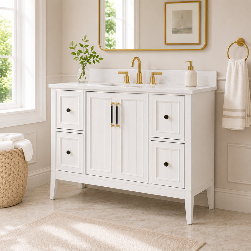 Ensemble de meuble-lavabo autoportant à simple cuve 48 po avec plateau en pierre d'ingénierie Adria de Adria