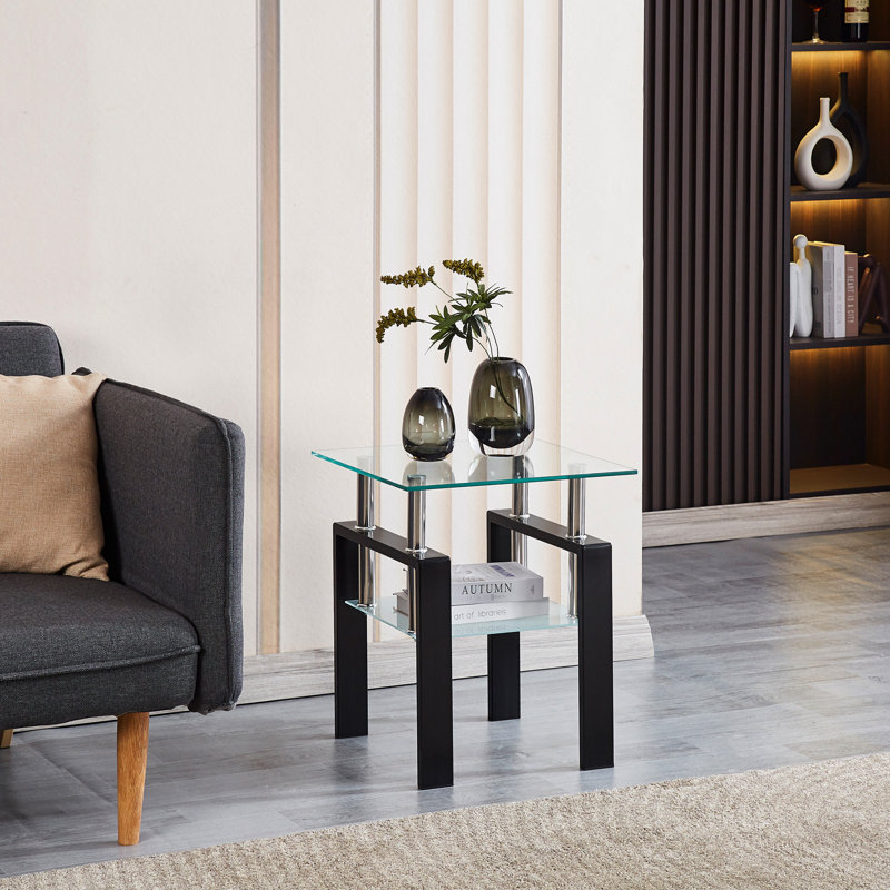 Table de rangement en verre trempé transparent à 2 couches - salon, chambre à coucher, côté bureau pour un espace compact avec