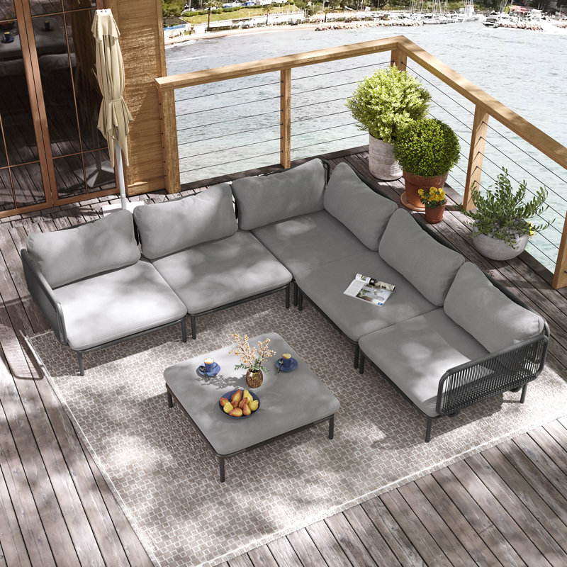  Canapé modulaire de patio pour 6 personnes avec coussins Imir, Coussin gris / cadre noir