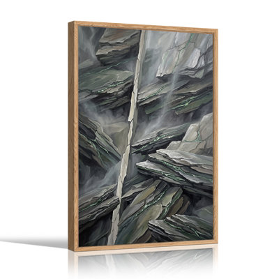Vertical Crack in Layered Grey Slate Rock with Green Veins Canvas Wall Art