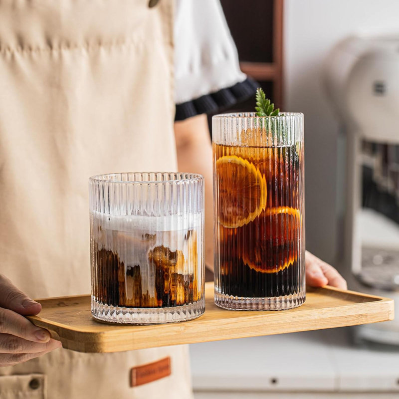 Ensemble de 8 verres rétro - 4 verres à gin 12 oz, 4 verres à whisky 14 oz, verres à cocktail en verre côtelé, idéaux pour le vin, le jus, l'eau, la tasse à café glacée, le whisky, les verres mixtes