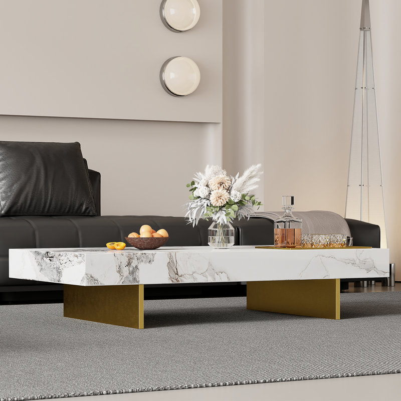 51" Modern Rectangular Coffee Table, Glossy Sintered Stone Table-top, White Top/Gold Base