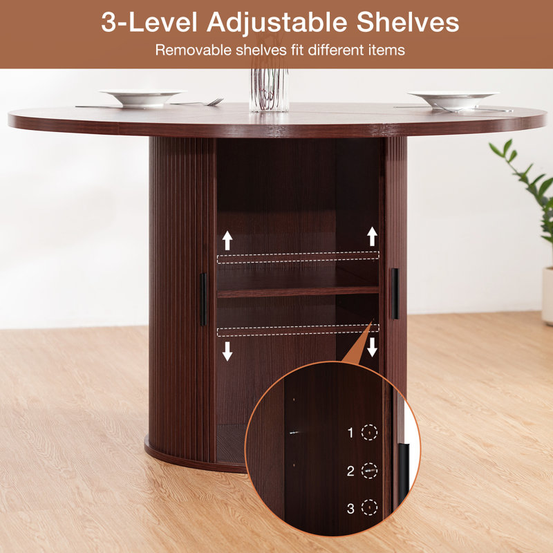 48"W Round Dining Table with 2 Storage Shelves Seats 6