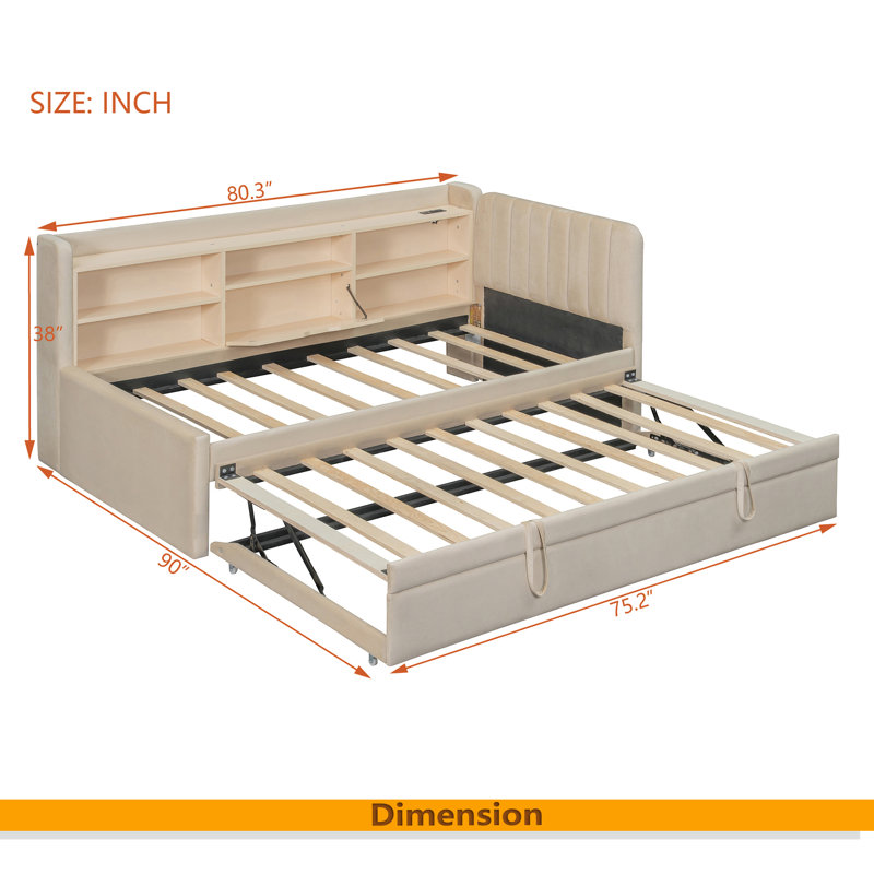 Twin Size Upholstered Daybed With Trundle, Storage Shelves, USB & Outlet, Beige