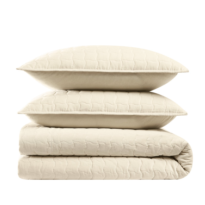 Brooklyn Loom Matte Cotton Velvet Wavy Square Stitch Quilt Set, Off-White, Queen Quilt + 2 Queen Shams
