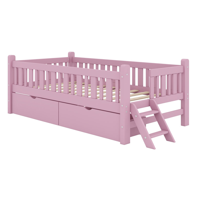 Lit plateforme avec rangement et garde-corps et 2 tiroirs spacieux, Rose