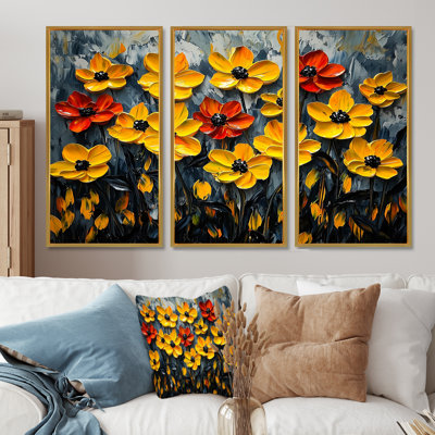 Champ de poinsettias jaune et gris II - art mural poinsettias - ensemble de 3
