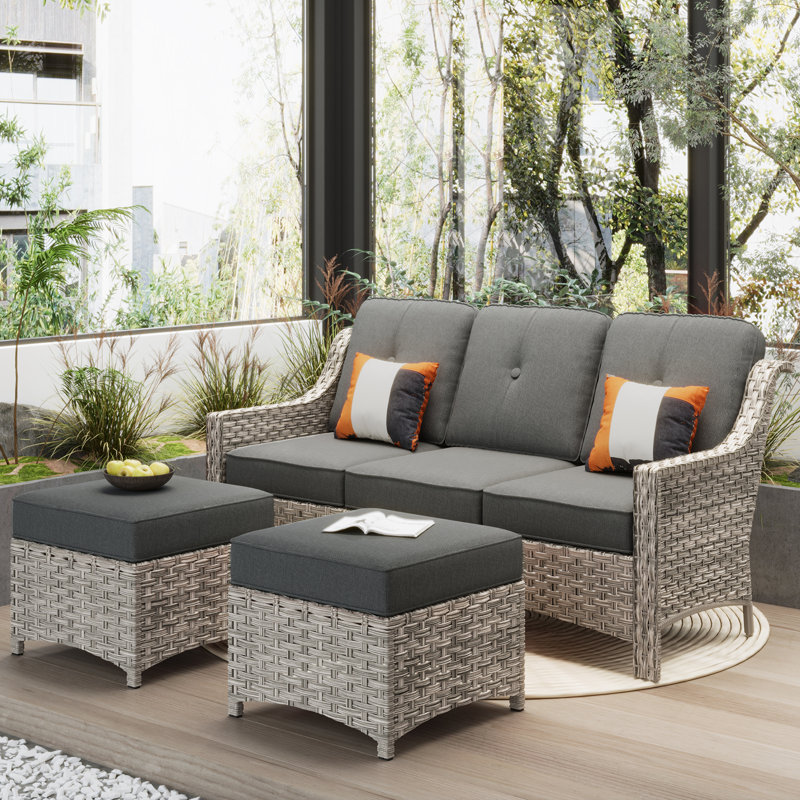 Shannyn 72.05'' Wide Straight Wicker Patio Sofa with Cushions, Black