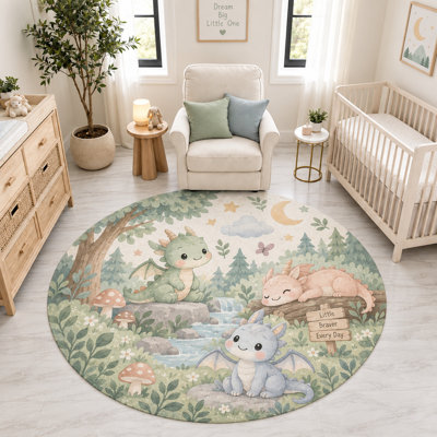"Ultra Thin" 6' x 6' Woodland Baby Dragon Round Area Rug, Soft Low Pile Indoor Rug with Non-Slip Silicone Backing for Nursery, Kids Room, Bedroom, Playroom Decor