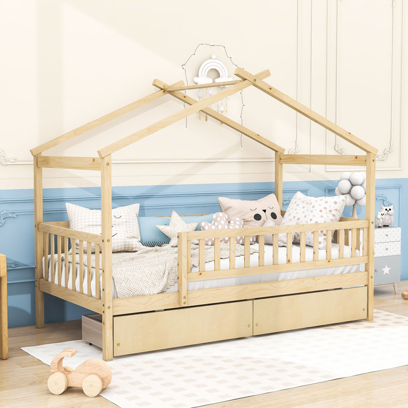 Lit en bois avec 2 tiroirs, toit et garde-corps, Naturel, Simple