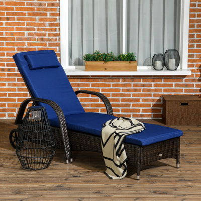 - Chaise de piscine avec 5 réglages, roues, coussin et chaise longue brune et bleue foncée, niveaux réglables, siège relax