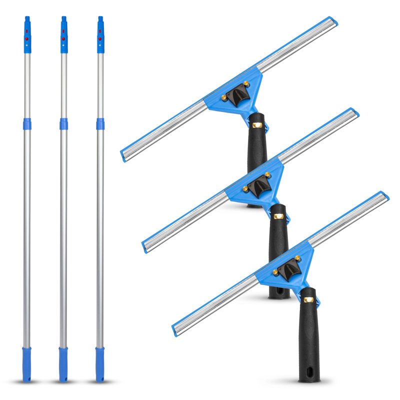 Window Washing Kit with Swivel Window Squeegee and 6' Telescopic Pole, 3 Pack, 76" L x 14" W x 1" D