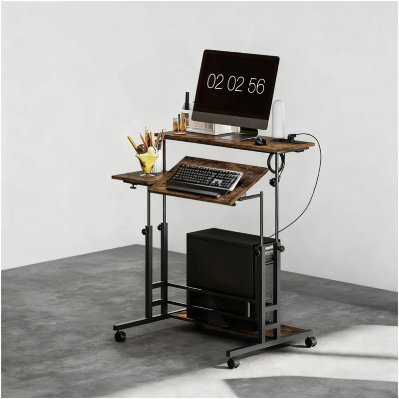 Bureau debout ajustable avec plateau inclinable, roulettes et tablette
