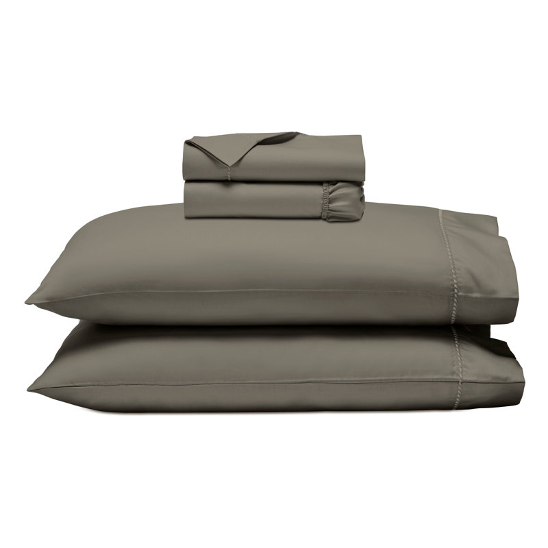 Ensemble de draps en coton mélangé à ourlet brodé 600 fils imperia, Gris, Ensemble de draps pour lit simple TG avec 1 taie d