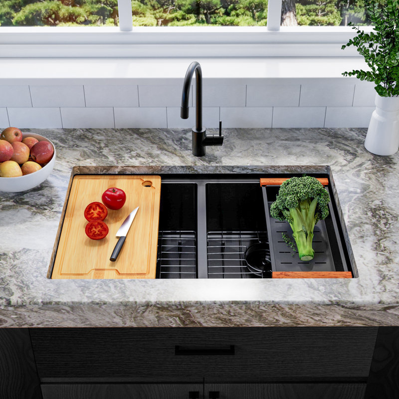LQS 32" L x 19" W 16 Gauge Stainless Steel Undermount Double Bowl Workstation Kitchen Sink with Accessories, Matte Black