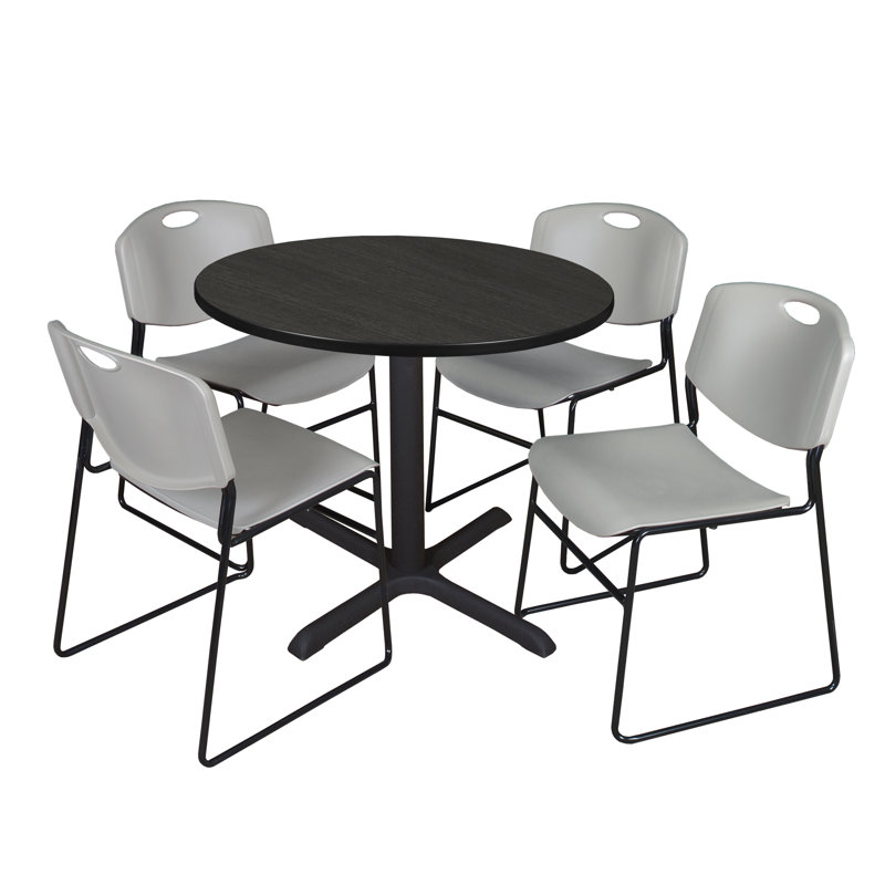 Regency Cain Round Breakroom Table & 4 Zeng Stack Chairs, Ash Grey/Grey, 29" H x 42" L x 42" D