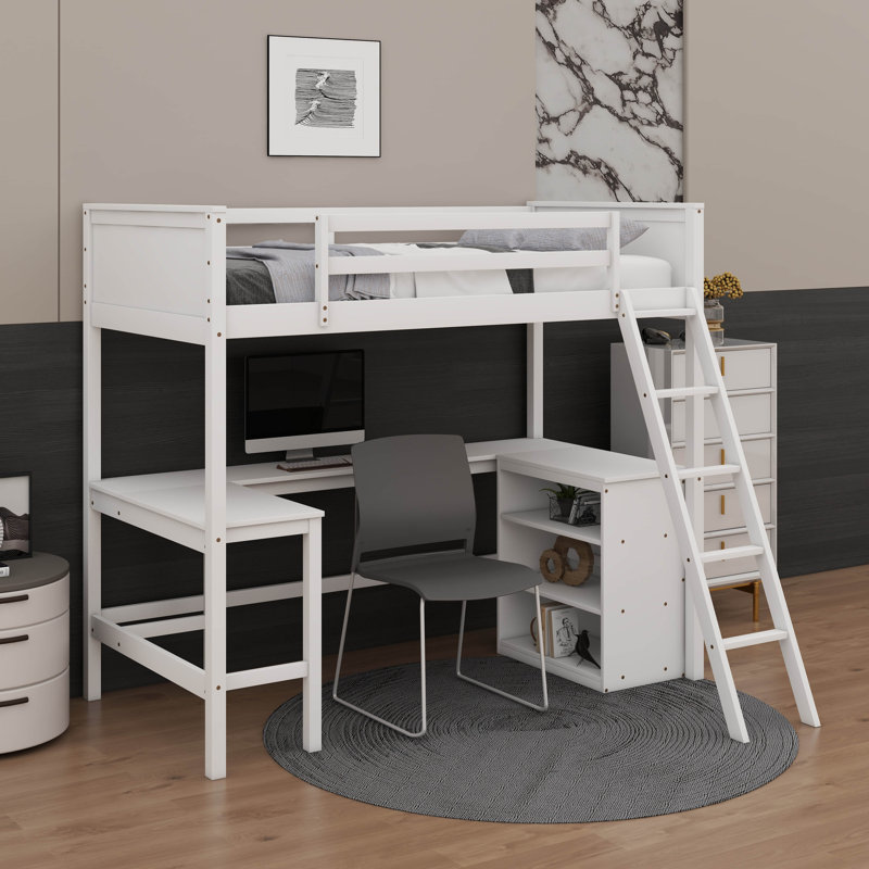 Lit mezzanine simple avec tablettes et bureau